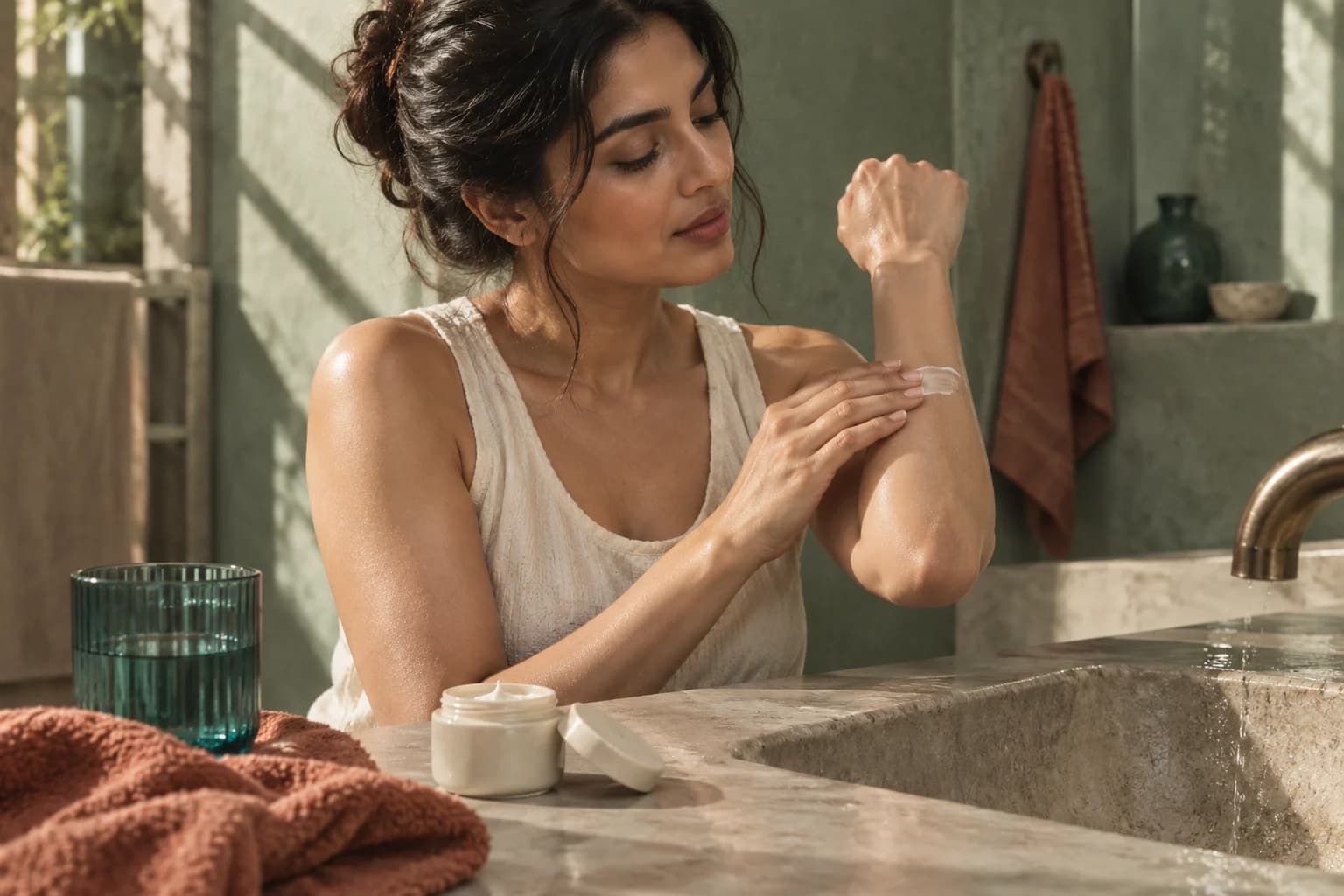Woman applying cream to her forearm beside a sunlit stone washstand