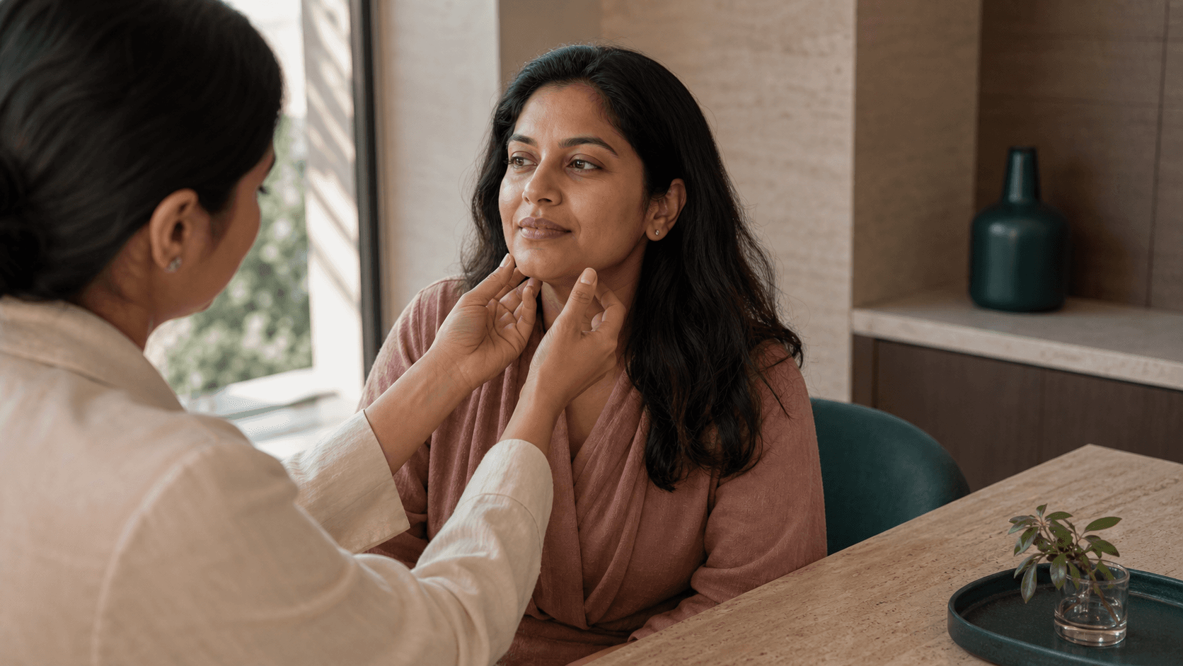 An Indian woman mid-consultation for a skin and aesthetics concern