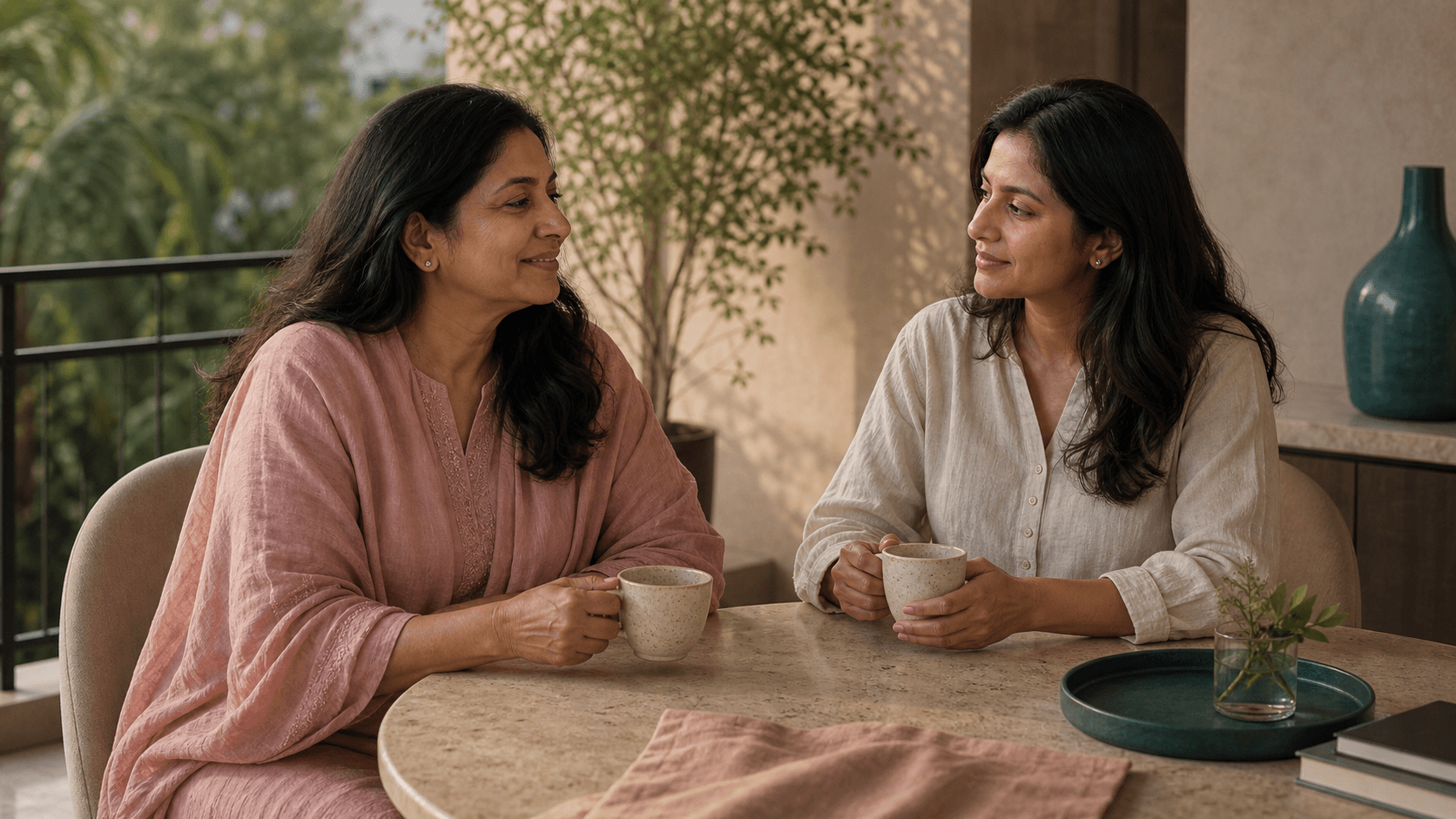 An Indian woman sharing an unhurried, long-view moment of care